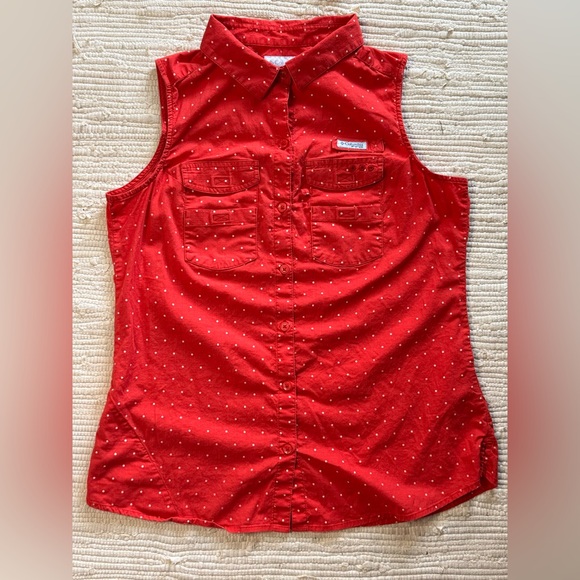 COLUMBIA PFG Bonehead Red White Polka-Dot Sleeveless Button Down Shirt Medium - Picture 1 of 6